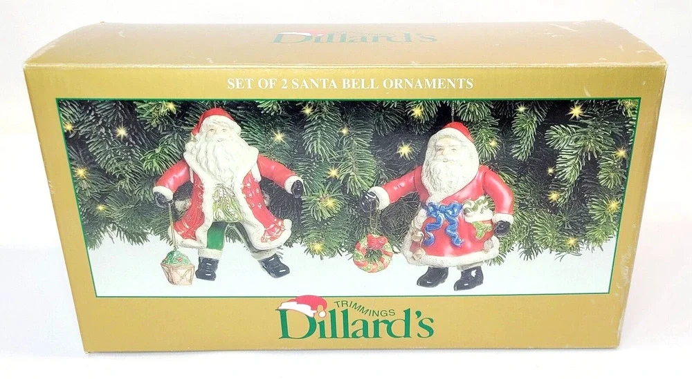Dillard's Trimmings Set Of 2 Santa Bell Ornaments Arms & Legs Move